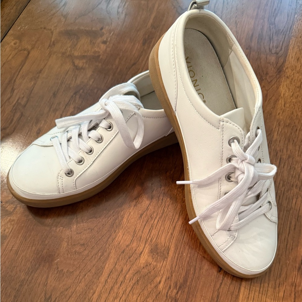 Vionic White Leather Sneakers with Tan Sole